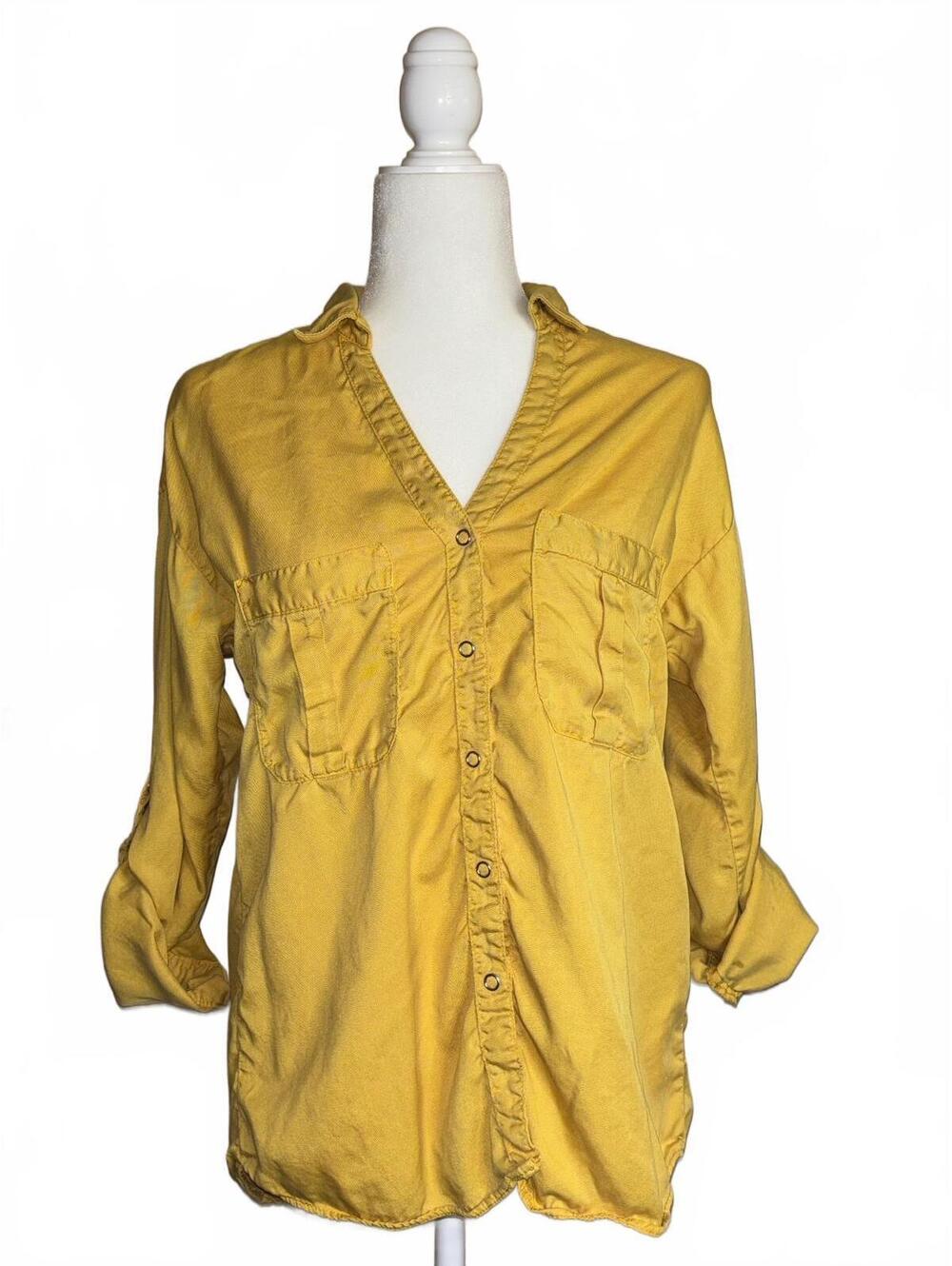 Zara Basic Mustard Yellow Blouse with Roll Tab Button Sleeves